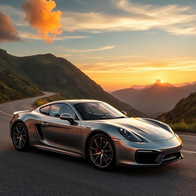 A stunning car parked on a scenic mountain road with a beautiful sunset in the background