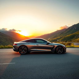 A stunning car parked on a scenic mountain road with a beautiful sunset in the background