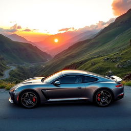A stunning car parked on a scenic mountain road with a beautiful sunset in the background