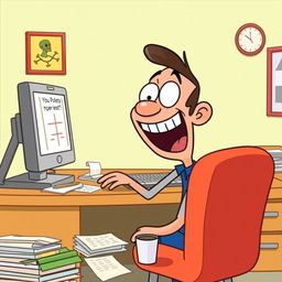 A humorous scene of a cartoon character laughing out loud, sitting at a desk cluttered with papers and a coffee cup, with a computer screen displaying a funny meme, bright colors, exaggerated facial expressions, and a light-hearted atmosphere