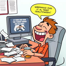 A humorous scene of a cartoon character laughing out loud, sitting at a desk cluttered with papers and a coffee cup, with a computer screen displaying a funny meme, bright colors, exaggerated facial expressions, and a light-hearted atmosphere