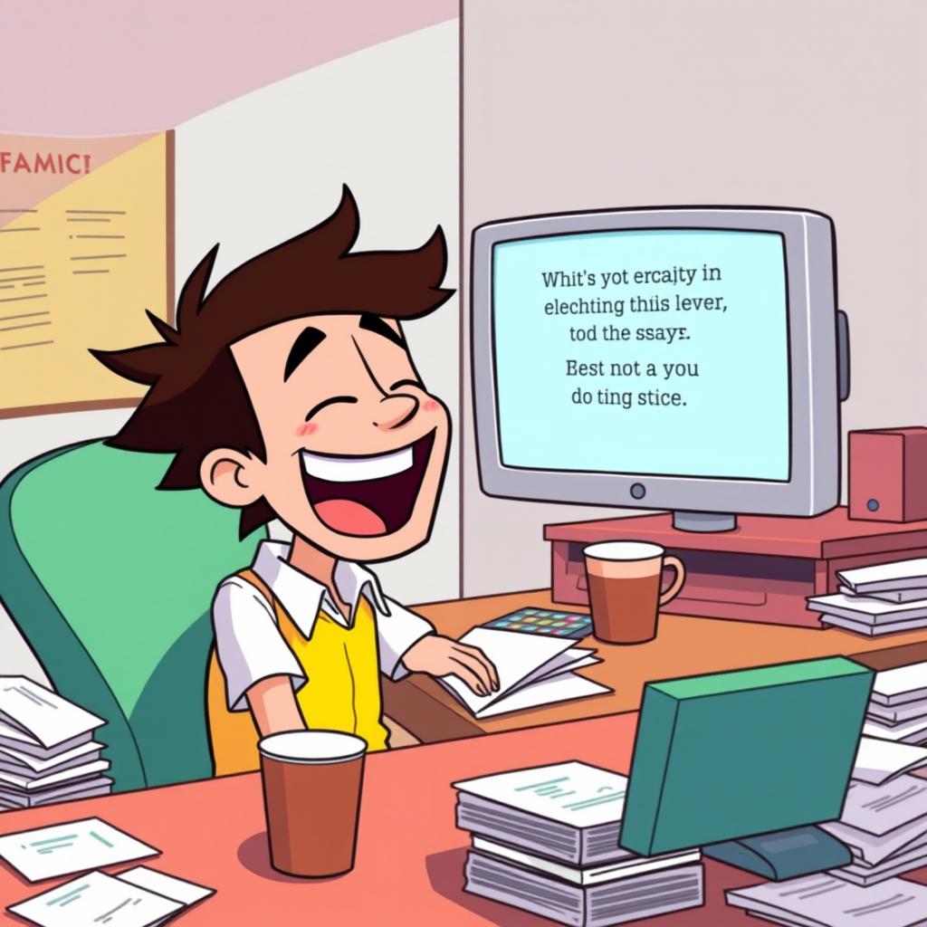 A humorous scene of a cartoon character laughing out loud, sitting at a desk cluttered with papers and a coffee cup, with a computer screen displaying a funny meme, bright colors, exaggerated facial expressions, and a light-hearted atmosphere