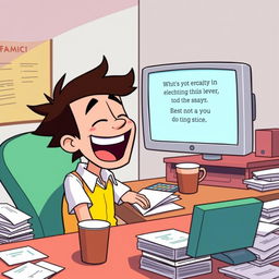 A humorous scene of a cartoon character laughing out loud, sitting at a desk cluttered with papers and a coffee cup, with a computer screen displaying a funny meme, bright colors, exaggerated facial expressions, and a light-hearted atmosphere