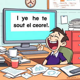 A humorous scene of a cartoon character laughing out loud, sitting at a desk cluttered with papers and a coffee cup, with a computer screen displaying a funny meme, bright colors, exaggerated facial expressions, and a light-hearted atmosphere