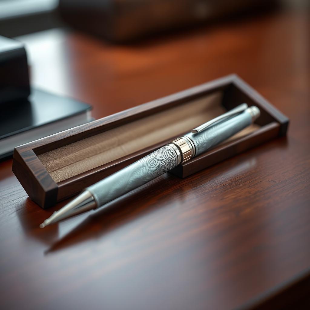 A sleek, elegant pen placed inside an open wooden box, the pen is made of polished silver with intricate engravings, reflecting light beautifully