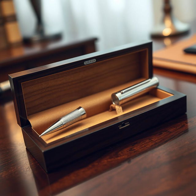 A sleek, elegant pen placed inside an open wooden box, the pen is made of polished silver with intricate engravings, reflecting light beautifully