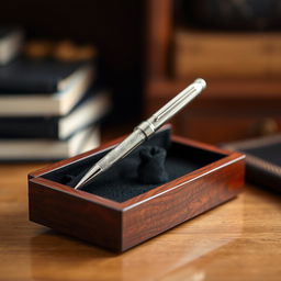 A sleek, elegant pen placed inside an open wooden box, the pen is made of polished silver with intricate engravings, reflecting light beautifully