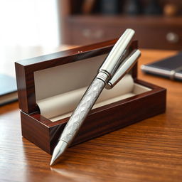 A sleek, elegant pen placed inside an open wooden box, the pen is made of polished silver with intricate engravings, reflecting light beautifully