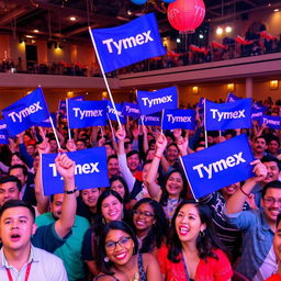 A vibrant and lively venue filled with a joyful audience, all showcasing their enthusiasm by holding TymeX flags high in the air