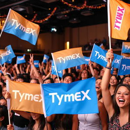 A vibrant and lively venue filled with a joyful audience, all showcasing their enthusiasm by holding TymeX flags high in the air