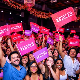 A vibrant and lively venue filled with a joyful audience, all showcasing their enthusiasm by holding TymeX flags high in the air