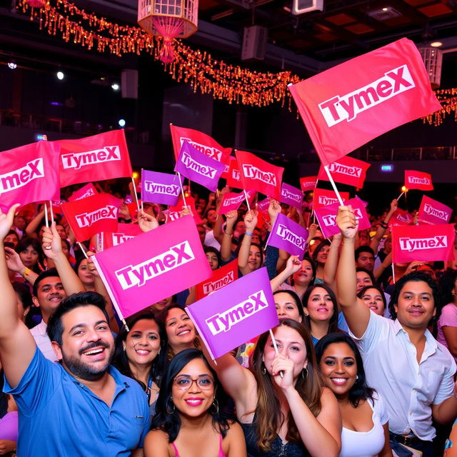 A vibrant and lively venue filled with a joyful audience, all showcasing their enthusiasm by holding TymeX flags high in the air