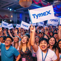 A vibrant and lively venue filled with a joyful audience, all showcasing their enthusiasm by holding TymeX flags high in the air