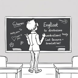 A black and white illustration of a stylized, non-realistic English teacher standing in front of a blackboard, facing towards it as he writes with a piece of chalk