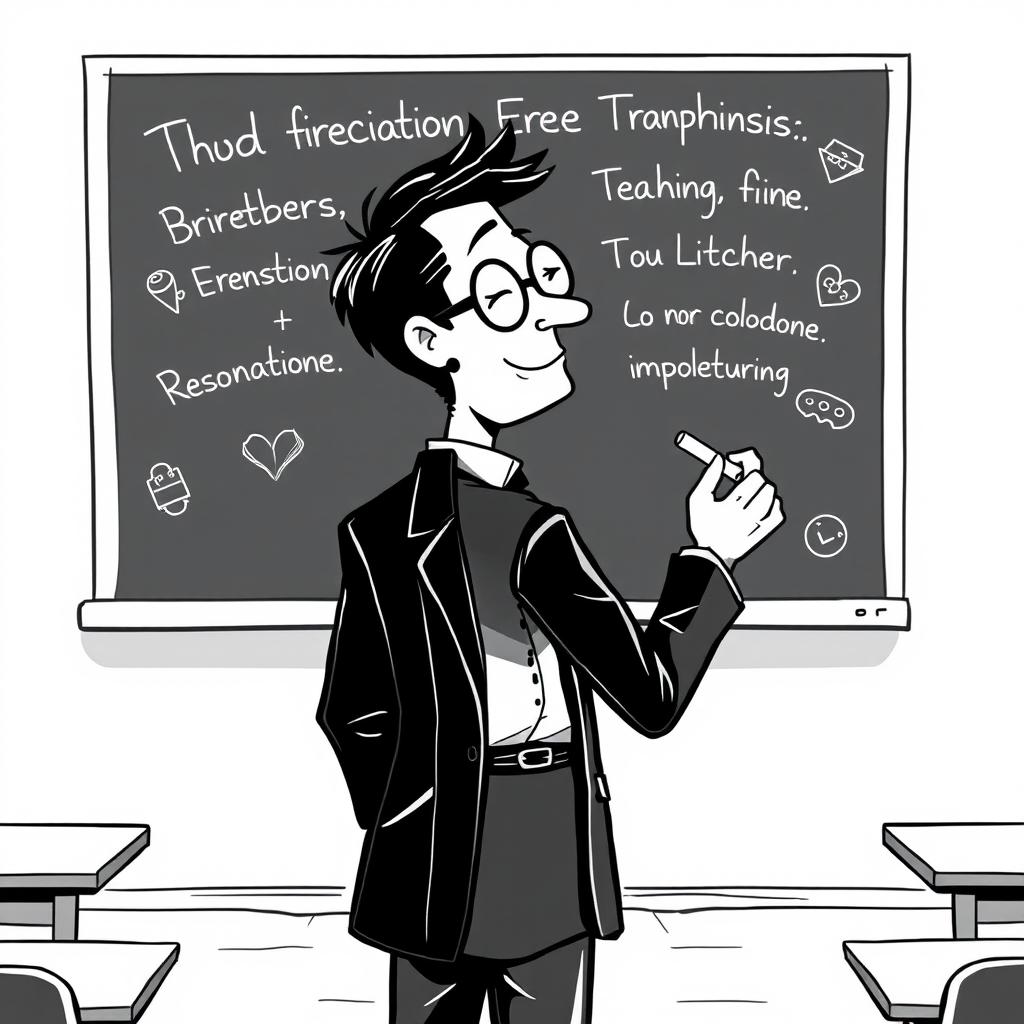 A black and white illustration of a stylized, non-realistic English teacher standing in front of a blackboard, facing towards it as he writes with a piece of chalk