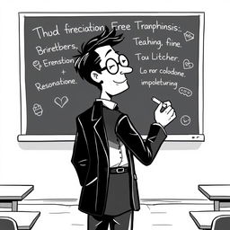 A black and white illustration of a stylized, non-realistic English teacher standing in front of a blackboard, facing towards it as he writes with a piece of chalk