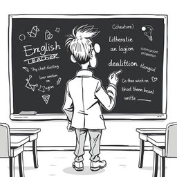 A black and white illustration of a stylized, non-realistic English teacher standing in front of a blackboard, facing towards it as he writes with a piece of chalk
