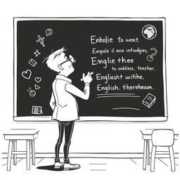 A black and white illustration of a stylized, non-realistic English teacher standing in front of a blackboard, facing towards it as he writes with a piece of chalk