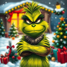 A grumpy and dissatisfied Grinch, depicted with a frown and crossed arms, showcasing his distinctive green fur and expressive eyes