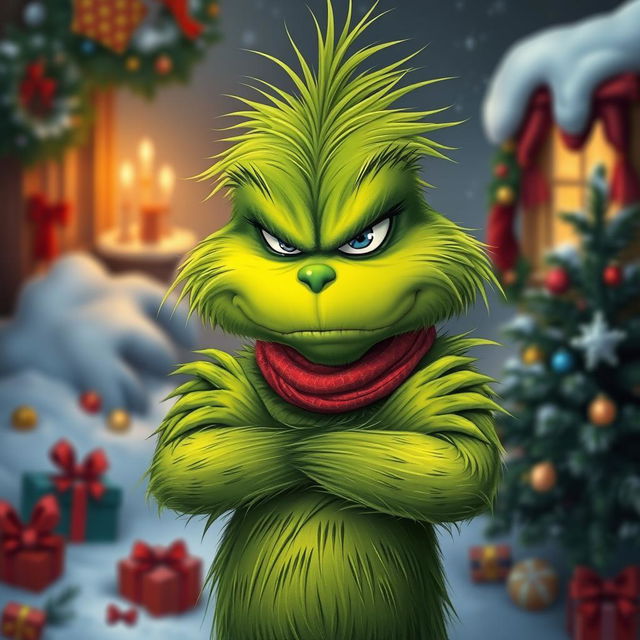 A grumpy and dissatisfied Grinch, depicted with a frown and crossed arms, showcasing his distinctive green fur and expressive eyes