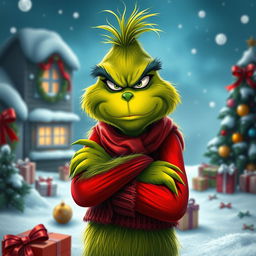 A grumpy and dissatisfied Grinch, depicted with a frown and crossed arms, showcasing his distinctive green fur and expressive eyes