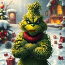 A grumpy and dissatisfied Grinch, depicted with a frown and crossed arms, showcasing his distinctive green fur and expressive eyes