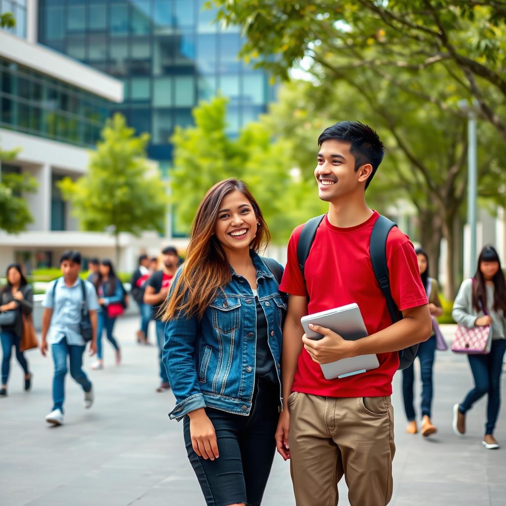 A vibrant university scene at Azad University, showcasing two friends standing together in a lively campus environment