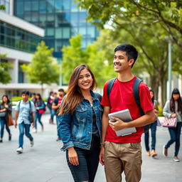 A vibrant university scene at Azad University, showcasing two friends standing together in a lively campus environment