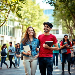 A vibrant university scene at Azad University, showcasing two friends standing together in a lively campus environment