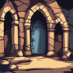 This is a high-quality cartoon image, featuring a dungeon with a blurred, paint-smudged background