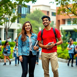 A vibrant university scene at Azad University, showcasing two friends standing together in a lively campus environment