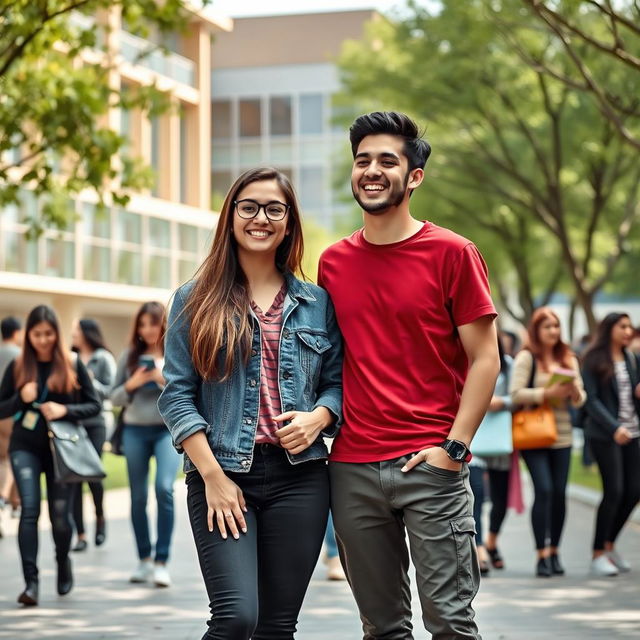 A vibrant university scene at Azad University, showcasing two friends standing together in a lively campus environment