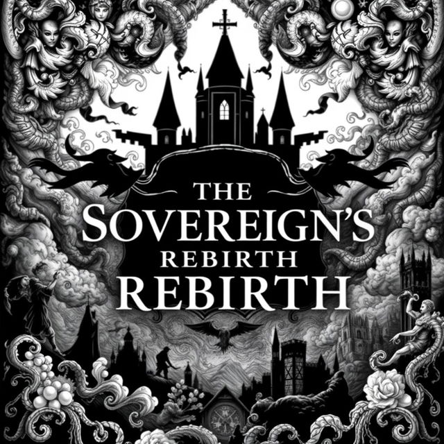 A novel cover design in striking black and white featuring the title 'THE SOVEREIGN'S REBIRTH' prominently in the center
