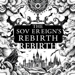 A novel cover design in striking black and white featuring the title 'THE SOVEREIGN'S REBIRTH' prominently in the center