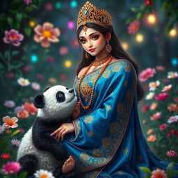 A beautiful portrayal of Radha, the goddess from Hindu mythology, dressed in an elegant blue sari adorned with intricate gold embroidery