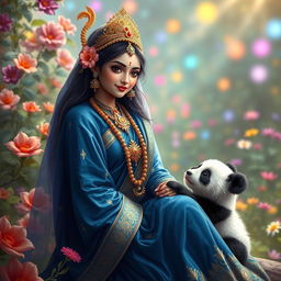 A beautiful portrayal of Radha, the goddess from Hindu mythology, dressed in an elegant blue sari adorned with intricate gold embroidery
