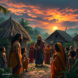 A dramatic scene in a small Indian village where a character named Veerendra is gathering the villagers to listen to the pain of a spirit named Chameli