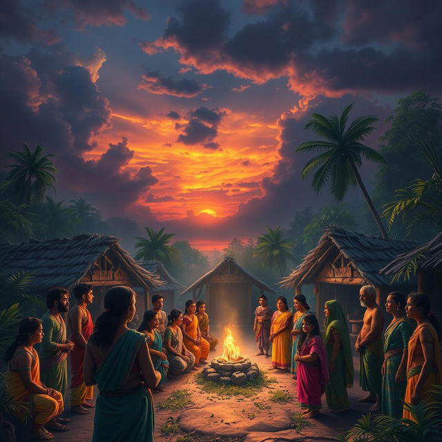 A dramatic scene in a small Indian village where a character named Veerendra is gathering the villagers to listen to the pain of a spirit named Chameli