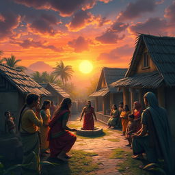 A dramatic scene in a small Indian village where a character named Veerendra is gathering the villagers to listen to the pain of a spirit named Chameli