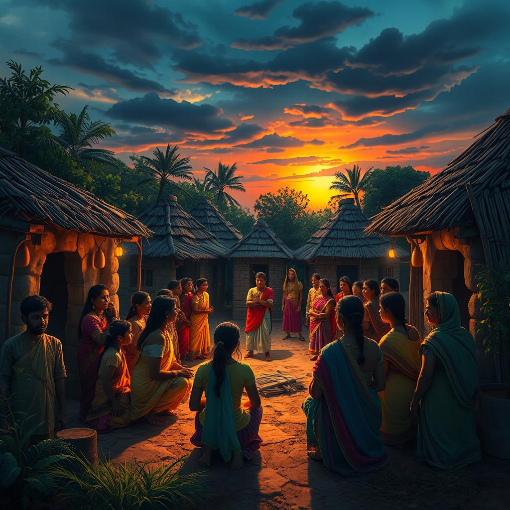 A dramatic scene in a small Indian village where a character named Veerendra is gathering the villagers to listen to the pain of a spirit named Chameli