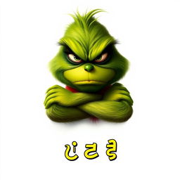 A realistic depiction of a grumpy Grinch on a plain white background, showcasing his expressive facial features and distinctive green fur