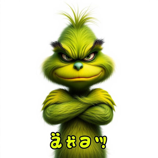 A realistic depiction of a grumpy Grinch on a plain white background, showcasing his expressive facial features and distinctive green fur