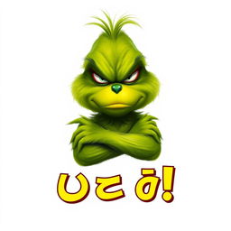 A realistic depiction of a grumpy Grinch on a plain white background, showcasing his expressive facial features and distinctive green fur
