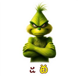A realistic depiction of a grumpy Grinch on a plain white background, showcasing his expressive facial features and distinctive green fur