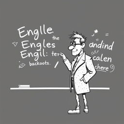 A black and white illustration of a stylized, non-realistic English teacher standing in front of a blackboard, writing English words with a piece of chalk while facing the board