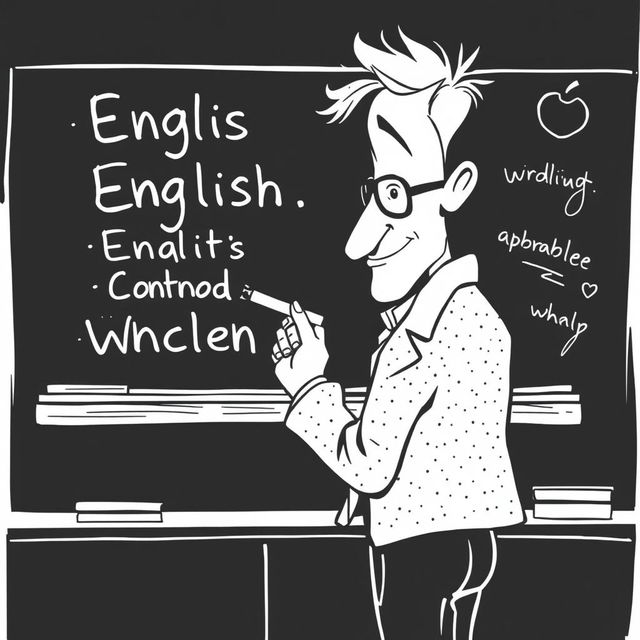 A black and white illustration of a stylized, non-realistic English teacher standing in front of a blackboard, writing English words with a piece of chalk while facing the board