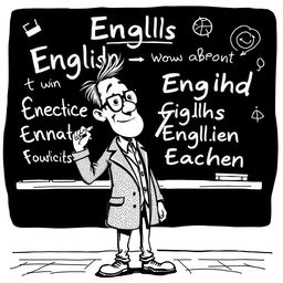 A black and white illustration of a stylized, non-realistic English teacher standing in front of a blackboard, writing English words with a piece of chalk while facing the board