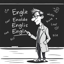 A black and white illustration of a stylized, non-realistic English teacher standing in front of a blackboard, writing English words with a piece of chalk while facing the board