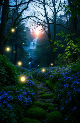 A stunning portrait of a mystical forest at dusk, with ethereal lights filtering through the trees