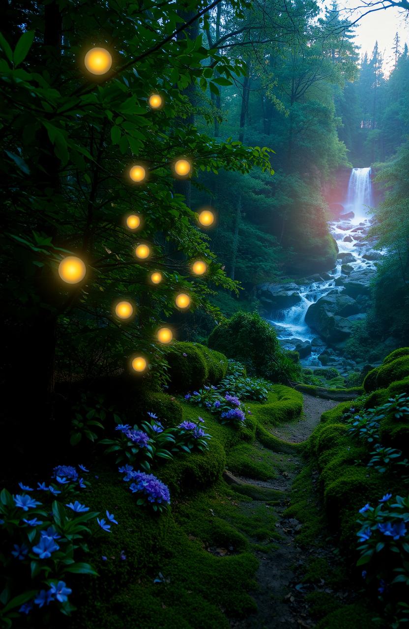 A stunning portrait of a mystical forest at dusk, with ethereal lights filtering through the trees